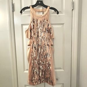 Bebe Rose Gold sequins party dress with cutouts on the side sz L
